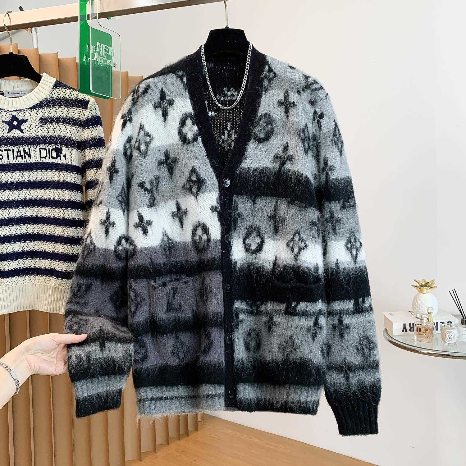 Lazy Knit Cashmere Marled Flower Cardigan Coat for Men and Women; Same Style with Color-Block Buttons and Loose Swe L251009