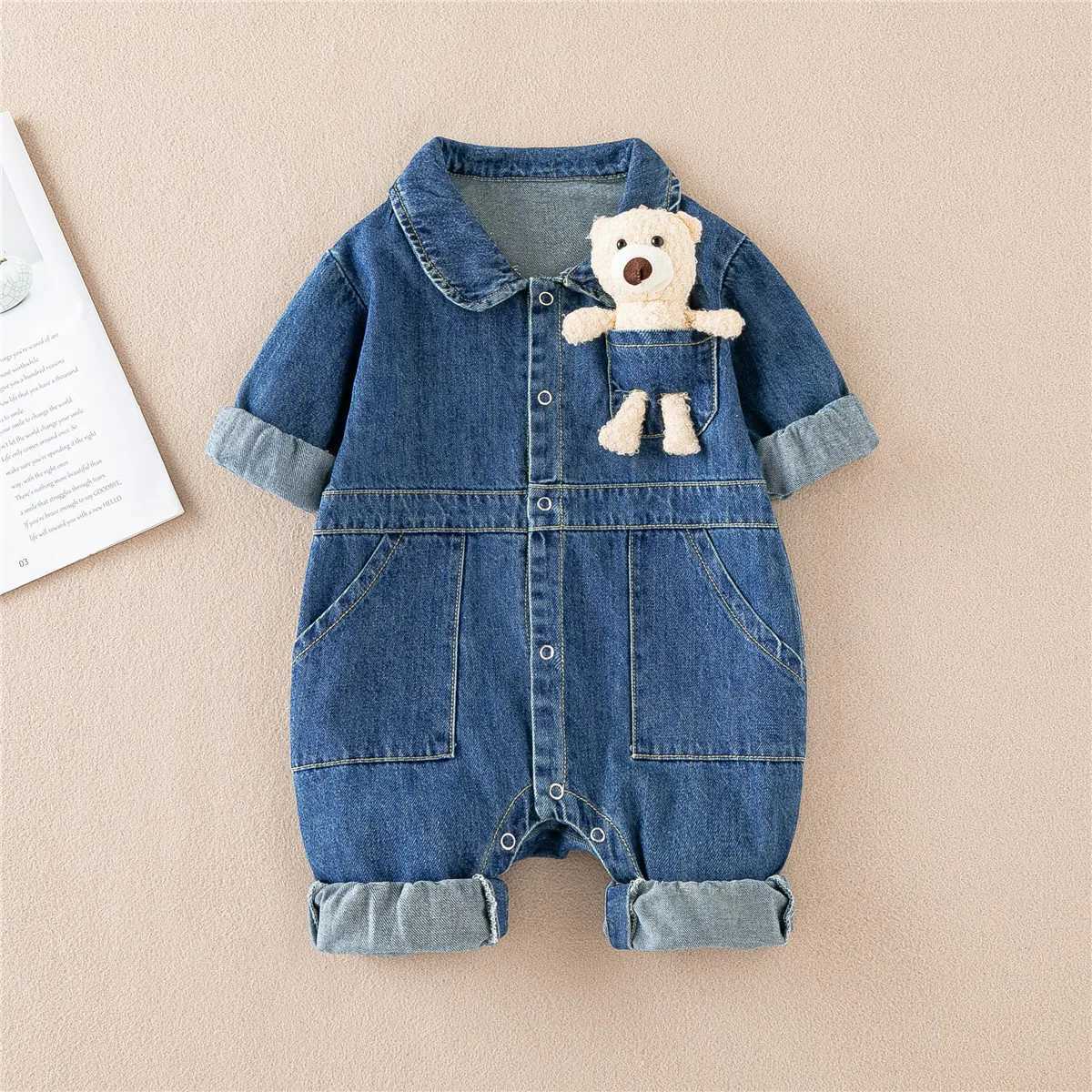 Spring Denim Baby Jumpsuit Cartoon Pocket Bear Romper for Boys Girls Newborn Overalls Korean Style Onesie Autumn Kids Clothing C2510091