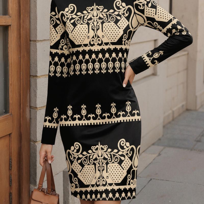 Women's Vintage Floral Bodycon Dress - Sexy Mature Milk Silk Long Sleeve Mini Dress-CF51167