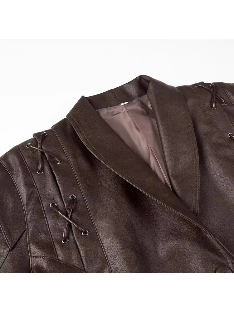 Mauroicardi Spring Autumn Short Retro Brown Pu Leather Jacket Women Sashes Lace Up y ner Emo Clothes European Fashion 2501008