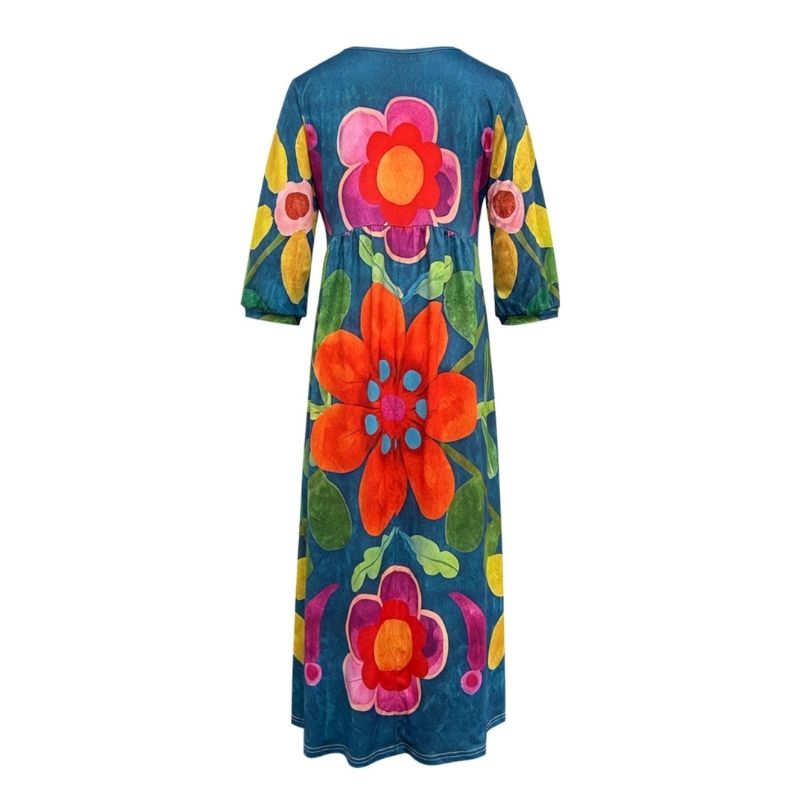 Women's Autumn New Plant Floral Print V - Neck Long Sleeve Maxi Dress - Elegant Vacation Milk Silk Dress-CF51116