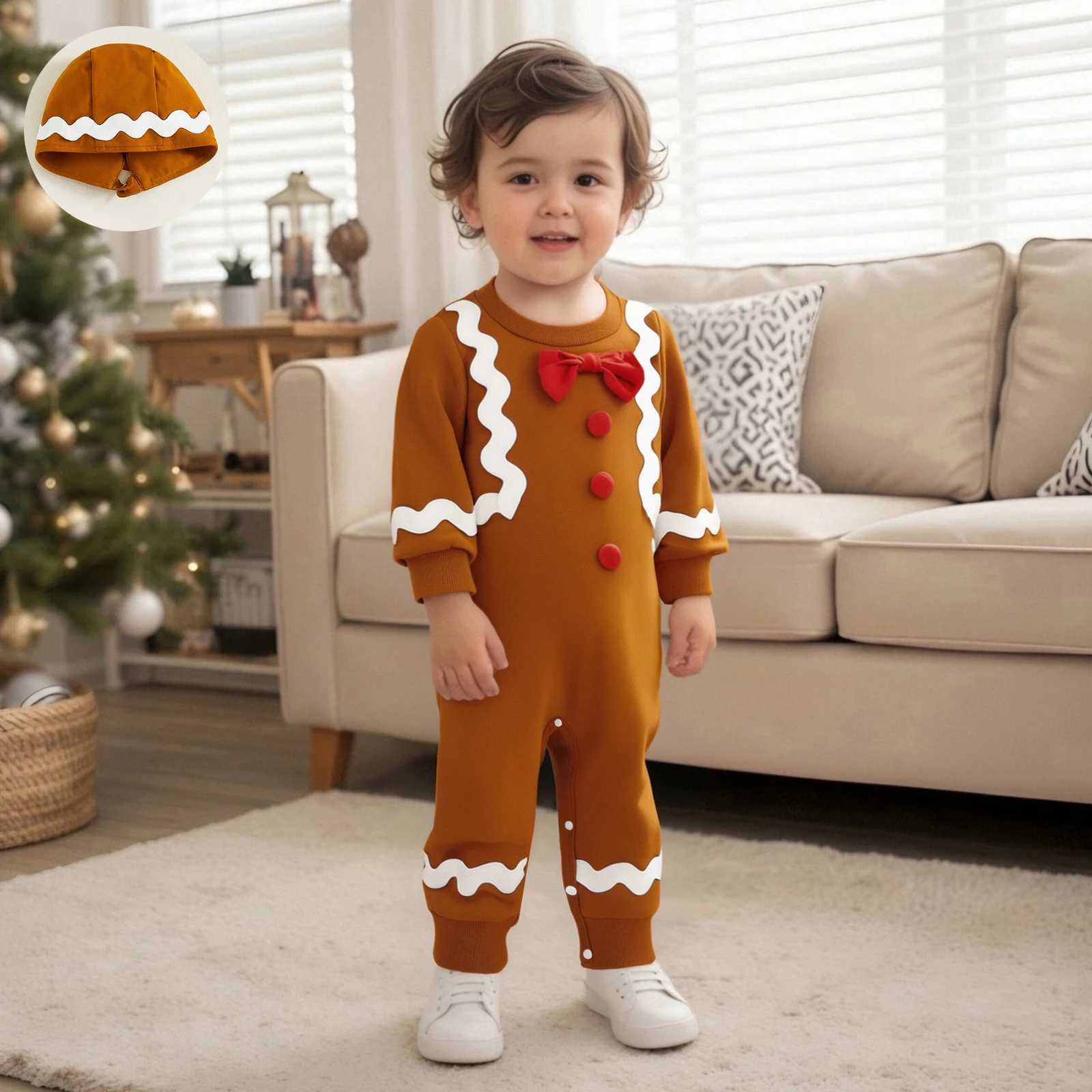 Baby Clothing Girl Christmas Button Romper Long Sleeve O Neck Gingerbread Jumpsuit with Hat Newborn Clothes C251009