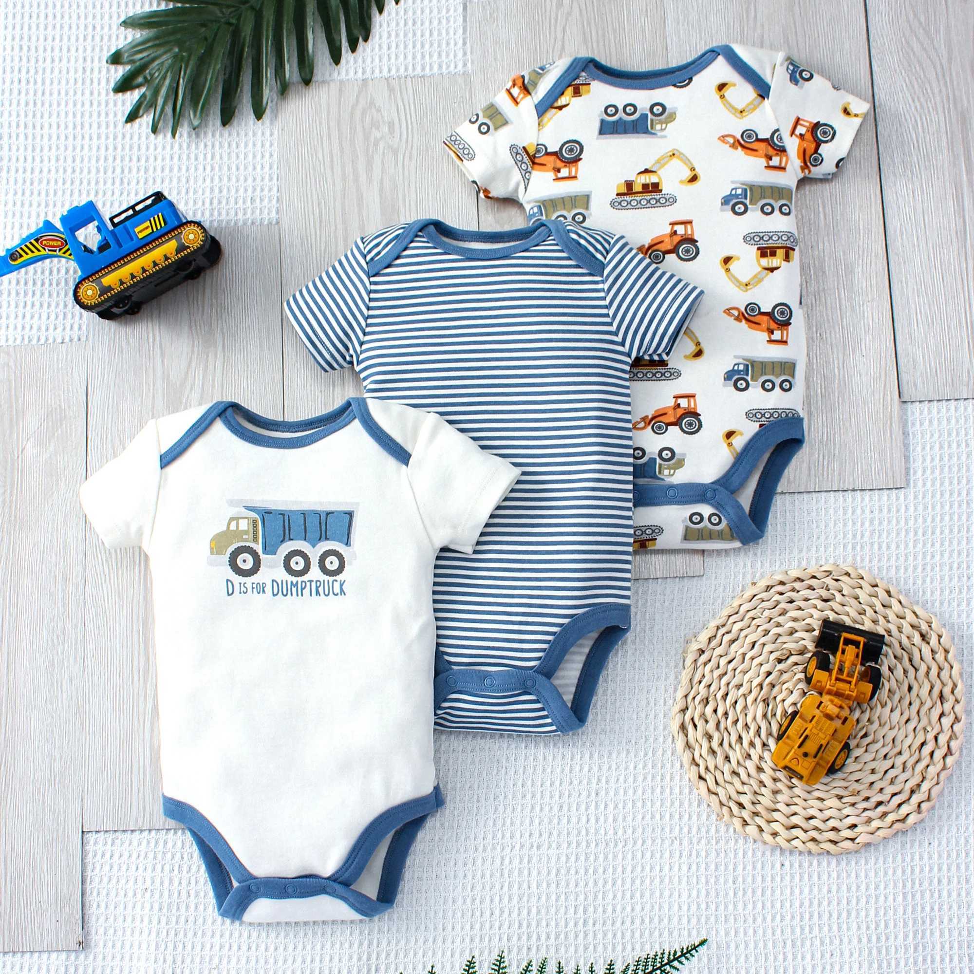 3PCS Summer Boys Baby Bodysuit Three piece Set Cartoon Truck and Stripe Pattern Short Sleeve Button Design Triangle Bodysuit C251009
