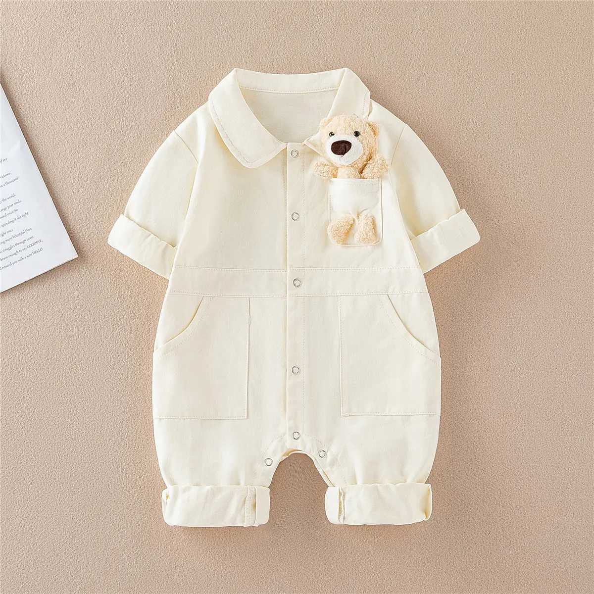 Spring Denim Baby Jumpsuit Cartoon Pocket Bear Romper for Boys Girls Newborn Overalls Korean Style Onesie Autumn Kids Clothing C2510091