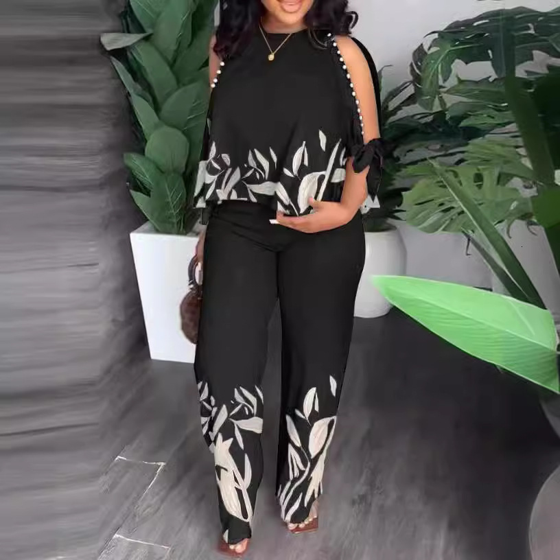 VONDA Womens Fashion Pants Set Summer Cold Shoulder Casual Loose 3/4 Sleeve Top Retro Printed Bohemian Set 241230