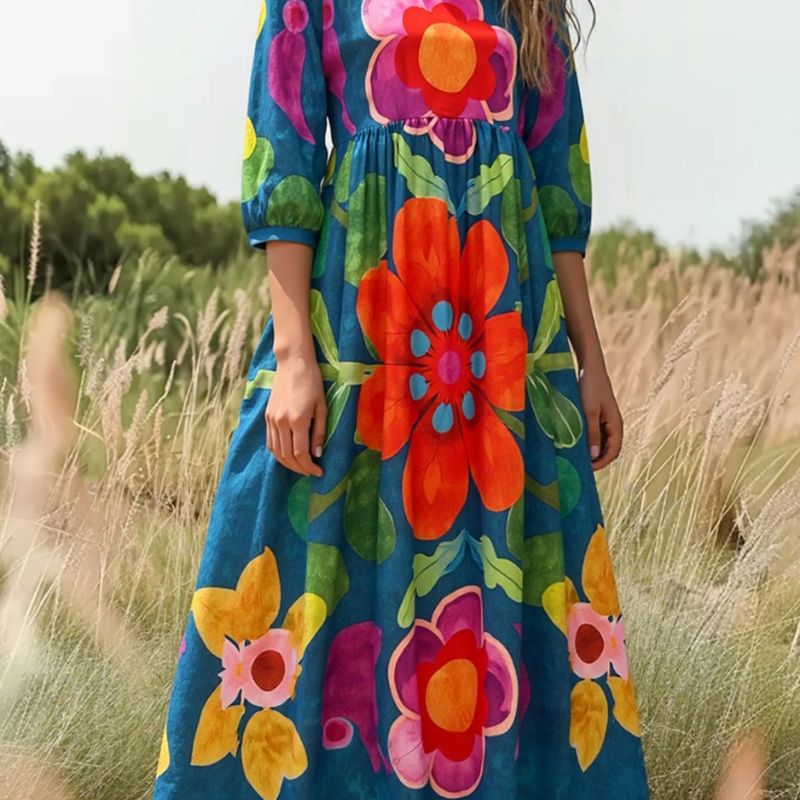 Women's Autumn New Plant Floral Print V - Neck Long Sleeve Maxi Dress - Elegant Vacation Milk Silk Dress-CF51116