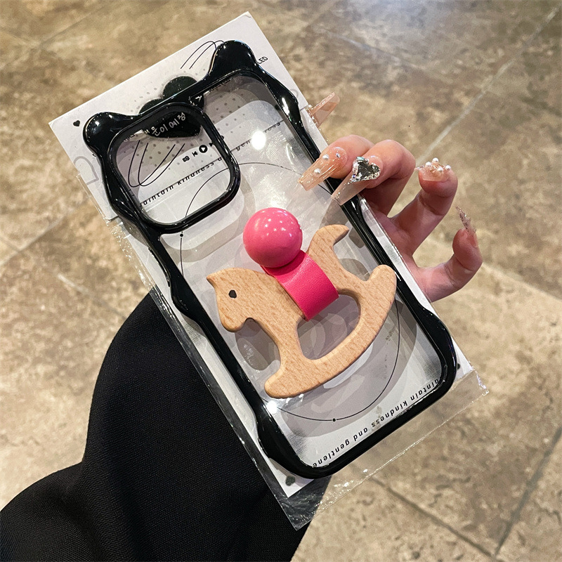 Fashion Cute Cartoon 3D Cat Ears Wooden Horse Ring Holder Clear Transparent Wavy Frame Soft TPU Case Compatible with iPhone 16 Pro Max