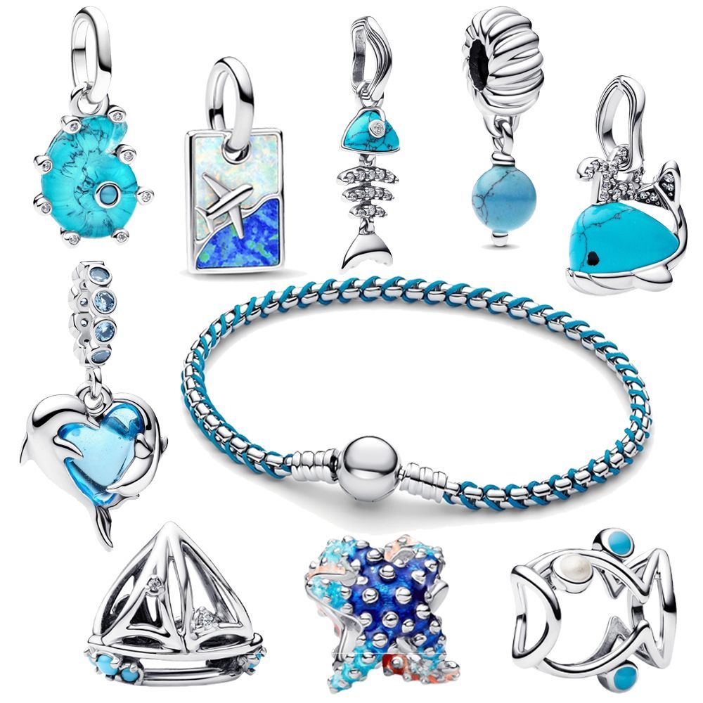 S925 Sterling Silver New Fish Dolphin Whale Starfish Ocean Pendant Beads Blue Winding Bracelet Accessories
