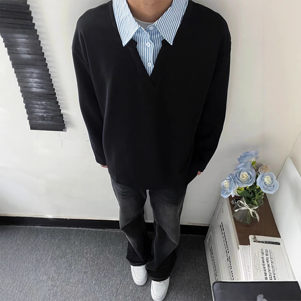 Shirt Collar Sweatshirt Designer Hoodie Men Autumn Winter Trendy Niche Design American Style Striped Patchwork Heavyweight Designer Shirt Long Sleeve T-shirt