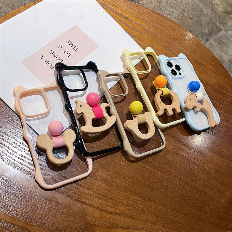 Fashion Cute Cartoon 3D Cat Ears Wooden Horse Ring Holder Clear Transparent Wavy Frame Soft TPU Case Compatible with iPhone 16 Pro Max