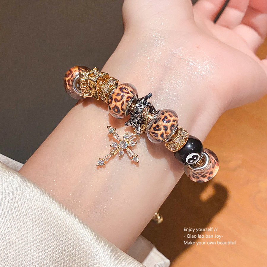 Gold - Toned Bracelet With Leopard Print Beads, Cross Pendant And Rhinestone Accents Unique Daily & Chic Jewelry Gift For Her High - Quality Stylish A