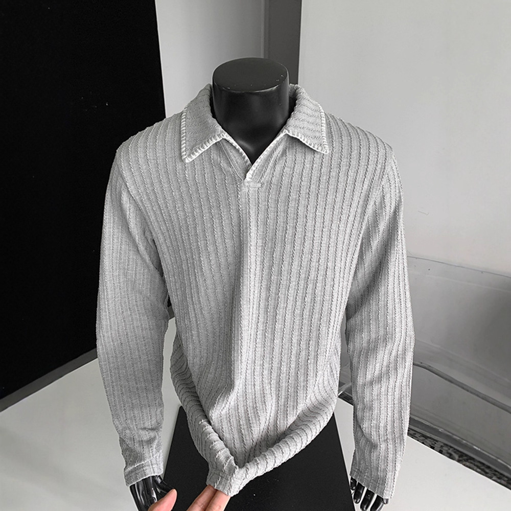 Light Gray Old Money Style Turn-down Designer Shirt Collar Sweatshirt Spring And Autumn Wheat Ear Pattern Long Sleeve Designer Hoodie T-shirt Cleanfit Knitted Polo
