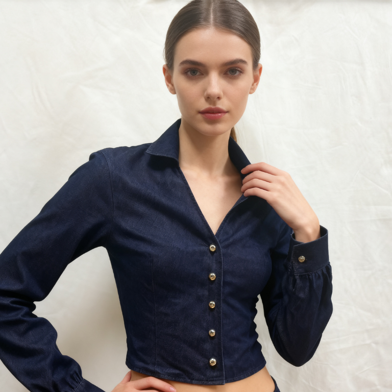 Women's Dark Blue Long - Sleeve Denim Shirt - Tight - Fitting & Leg - Lengthening Lapel Denim Top-048A