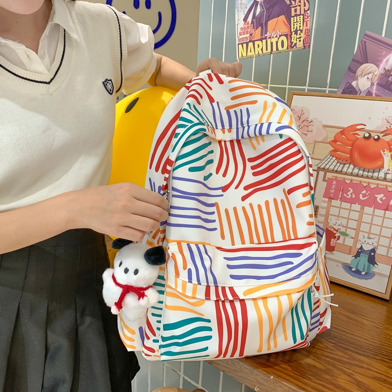 Schoolbag female high school college student junior high school campus Korean niche easy-matching ins canvas contrast color stripe backpack
