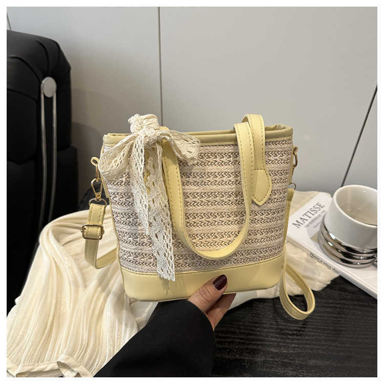 Silk Trendy Texture Woven 2025 Large Capacity New Straw Woven Womens Beach Crossbody Handheld Bucket Bag H251009