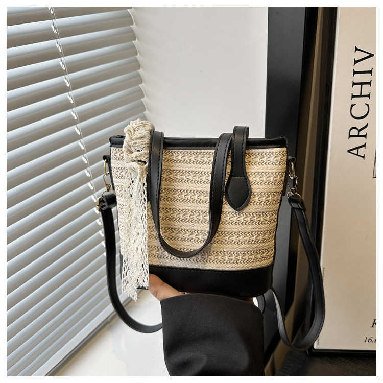 Silk Trendy Texture Woven 2025 Large Capacity New Straw Woven Womens Beach Crossbody Handheld Bucket Bag H251009