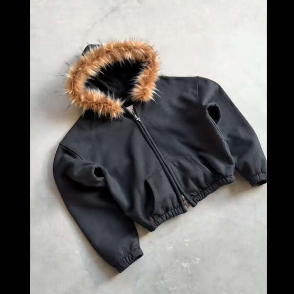 Solid Color Fur Collar Zipper Hoodie Unisex Loose Versatile Sweatshirt Streetwear Top