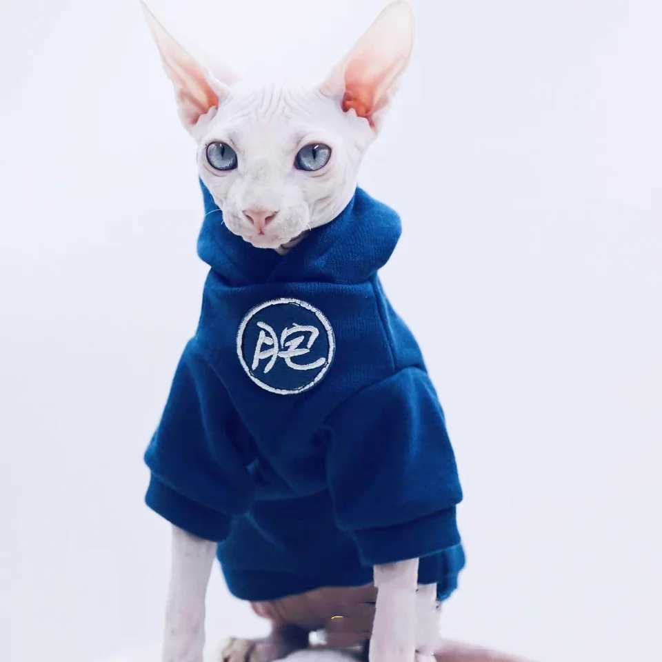 Dark Blue Thick Sweatshirt for Male Cat Winter Warm Hooded Jacket for Sphinx Kittens Spring Autumn Fashion Coat for Small Dogs C251009