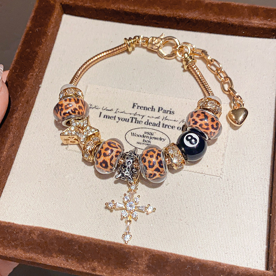 Gold - Toned Bracelet With Leopard Print Beads, Cross Pendant And Rhinestone Accents Unique Daily & Chic Jewelry Gift For Her High - Quality Stylish A