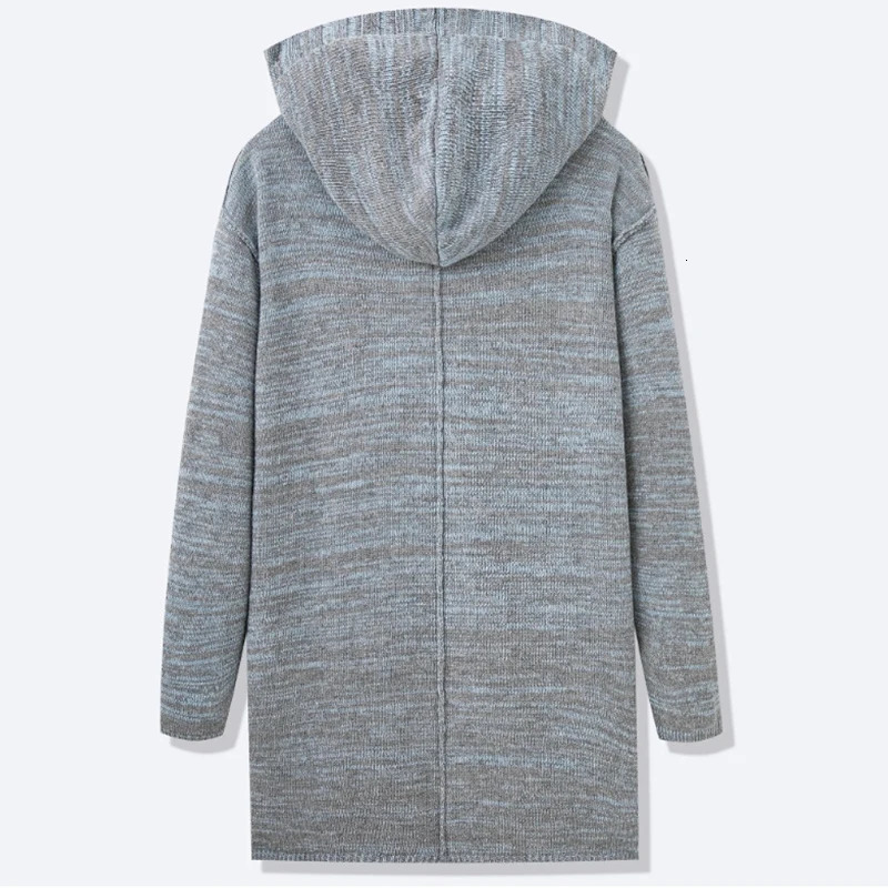 Autumn Mens Lengthen Grey Cardigan Hooded Jacket Casual Loose Premium Quality Pocket Long Sleeve Jacquarded Knitted Sweatercoat 2501008