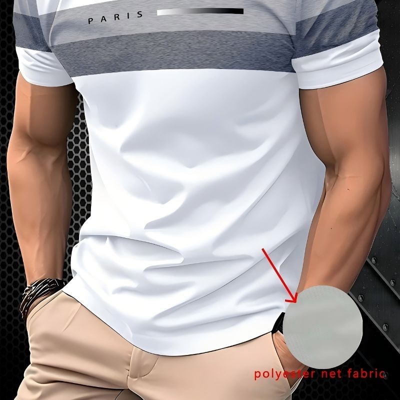Men's Paris-Inspired Color Block T-Shirt - Breathable Polyester Net Fabric Casual Tee-28