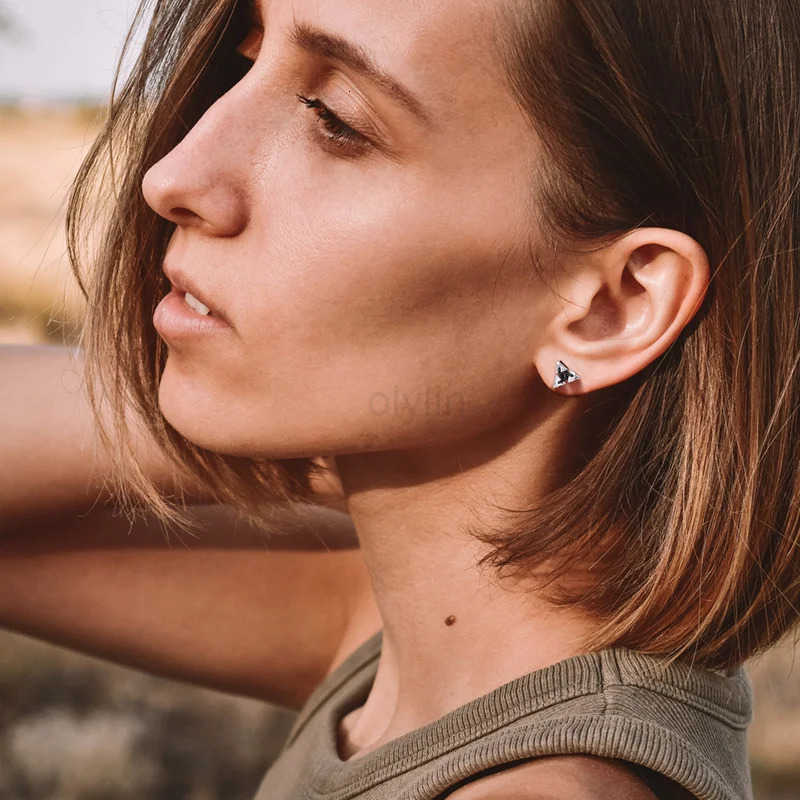 Men Stud EarringTriangle Pierced Crystal Zircon Stud EarringsStainless Steel Tiny Minimalist Studs for Mens Women Jewelry M251009