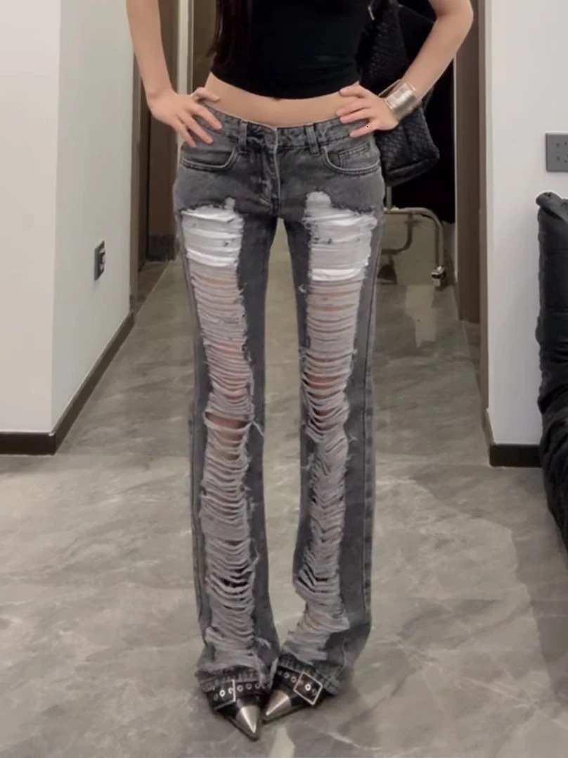 Womens Grey Ripped Skinny Jeans Harajuku Vintage Y2k Denim Trousers Japanese 2000s Style Emo Oversize Long Pants Clothes 2501008