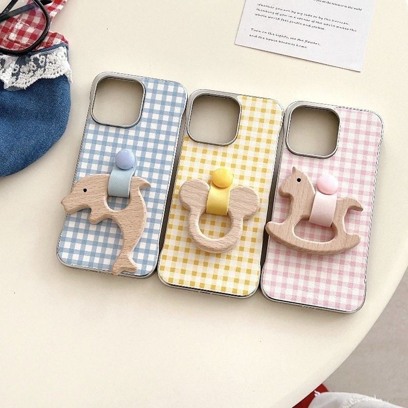 for iPhone 16 Pro Max Case Cute Aesthetic Gingham Ins Borderless Ring Wooden Horse Stand Phone Case Soft Slim TPU Shockproof Phone Cover for Women Gir