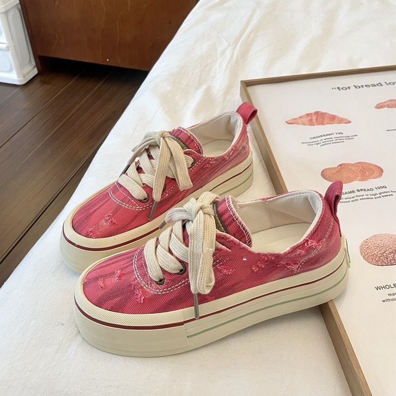 Free shipping Multi-Color Distressed Denim Platform Sneakers with Lace-Up Design Fashion Retro Stylish Versatile Casual Shoes
