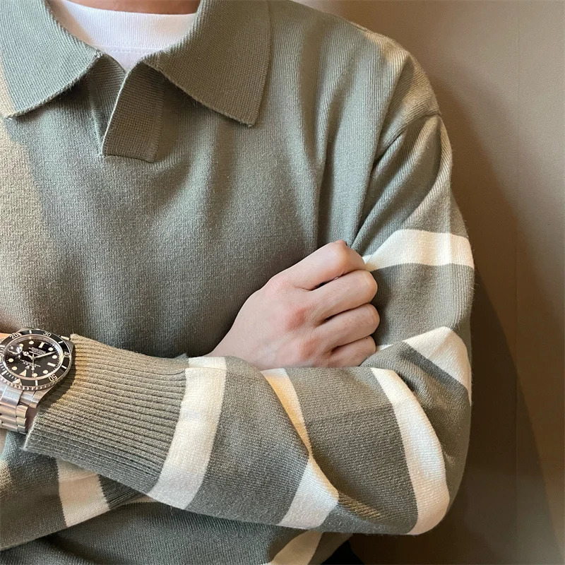 Autumn Simple Lapel Striped Sweater For Men Casual Vintage Korean Fashion Knitwear Top Y2K Loose Knitted Pullover Jumper 251009