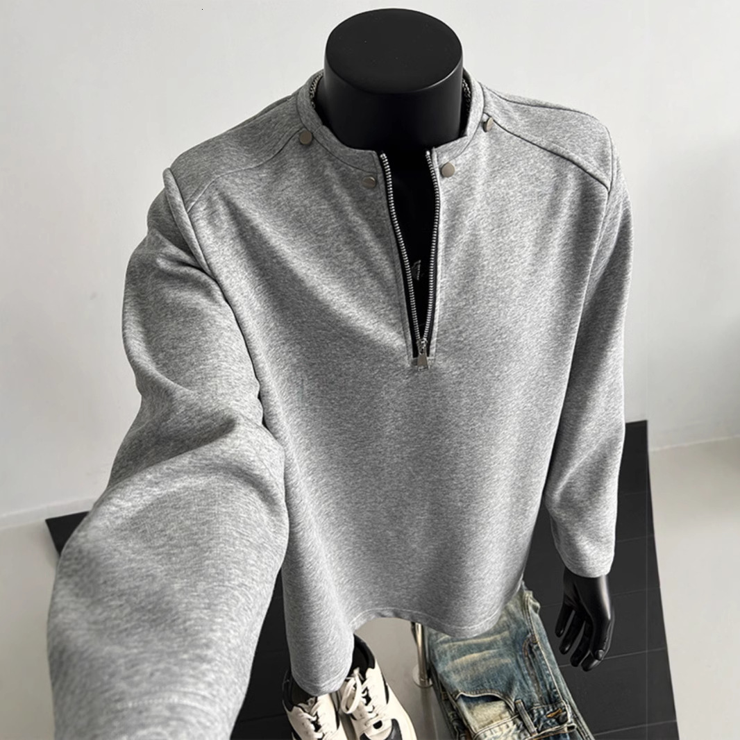Light Gray Rivet Half-zip Sweatshirt For Men Autumn Designer Shirt Designer Hoodie And Winter High Street Heavyweight Long Sleeve Base Shirt American Style Short