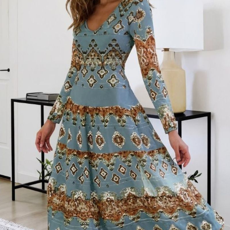 Women's Autumn New Small Floral Print Midi Dress - Versatile Casual Commute & Vacation Dress-CF41302