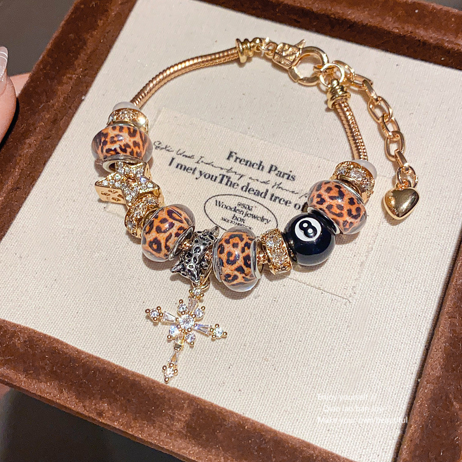 Gold - Toned Bracelet With Leopard Print Beads, Cross Pendant And Rhinestone Accents Unique Daily & Chic Jewelry Gift For Her High - Quality Stylish A