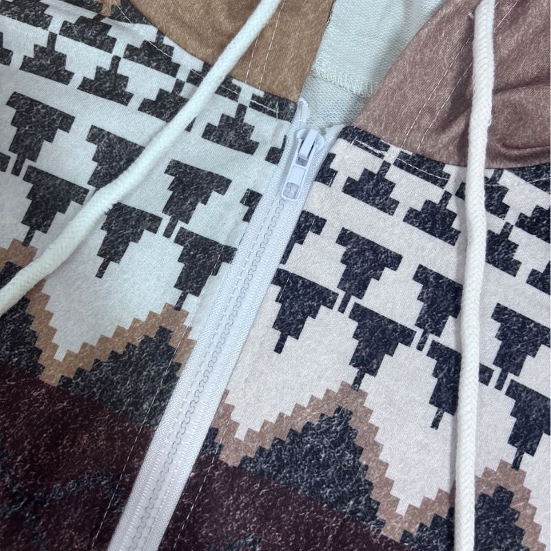 Women's Autumn Winter Ethnic Geometric Print Zip - Up Hooded Jacket - Casual Fashion Outerwear-CF24589