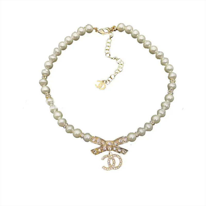 Pearl Inlaid Double C Necklace New Star Knit Clavicle Chain Grandma Style Pearlescent Choker