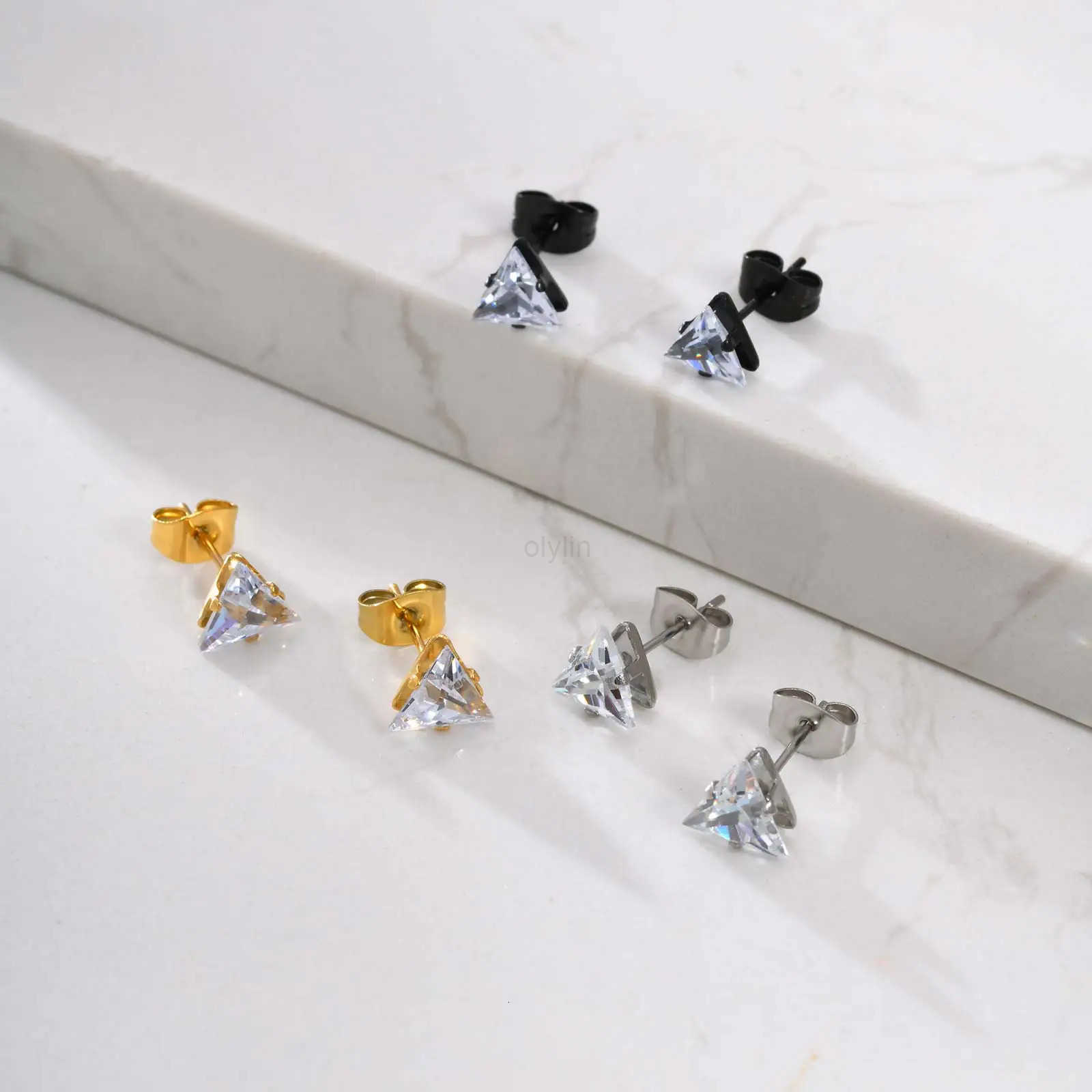 Men Stud EarringTriangle Pierced Crystal Zircon Stud EarringsStainless Steel Tiny Minimalist Studs for Mens Women Jewelry M251009
