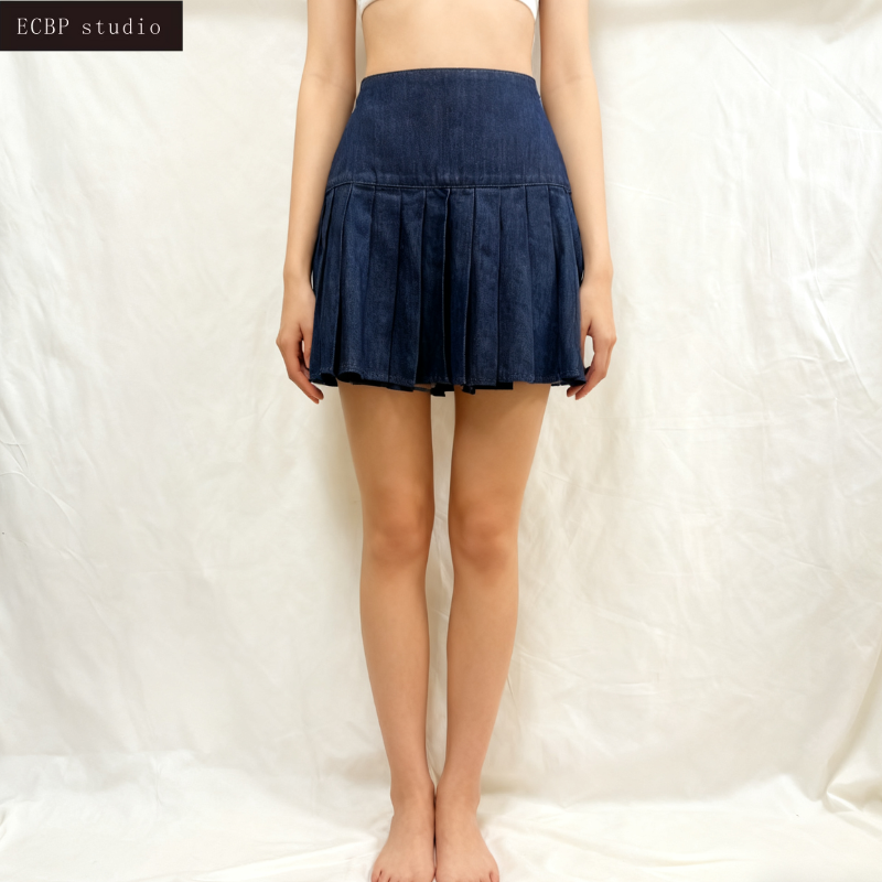Women's Dark Blue Denim Pleated Skirt - Slim - Fitting & Wrinkle - Free Casual Mini Skirt-048B