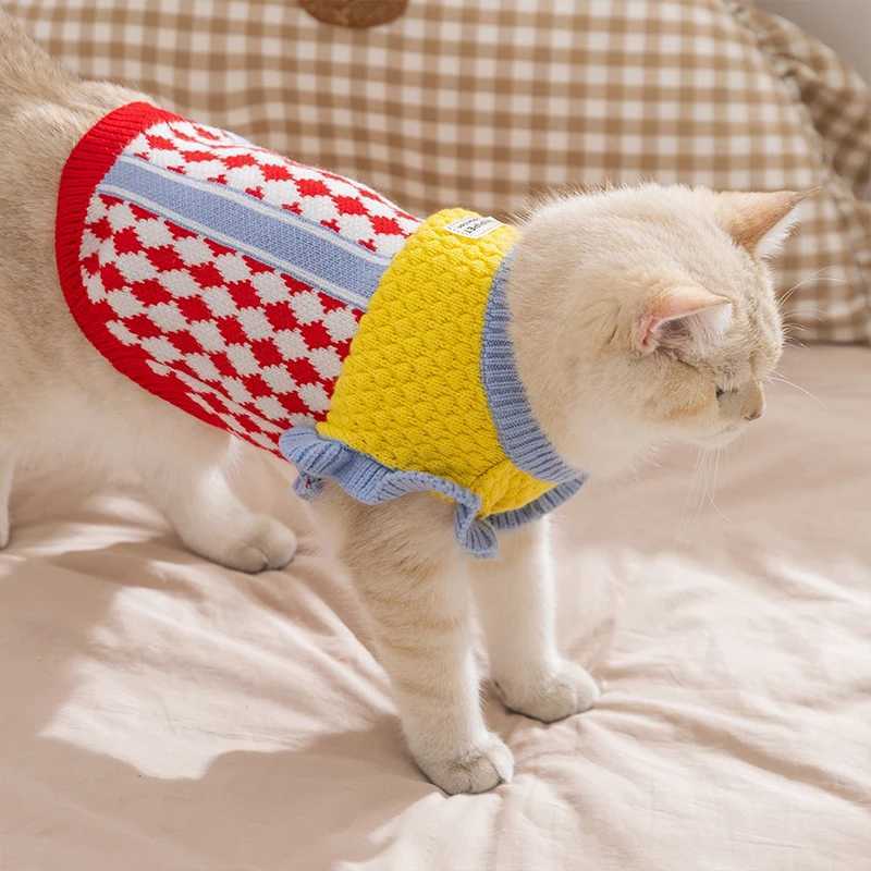 Diamond Grid Solid Cat Sweaters Warm Wool Knitting Winter Sphinx Small Dogs Clothing Ruffle Sleeve Female Girl Puppy Overalls C251009