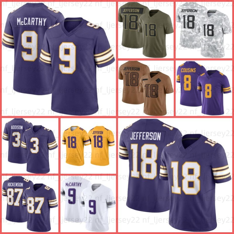 J.J. McCarthy 18 Justin Jefferson Football Jersey Kyler Murray Addison Aaron Jones TJ Hockenson Harrison Smith Randy Moss Ivan Pace Jr Andrew Van Ginkel Tai Felton
