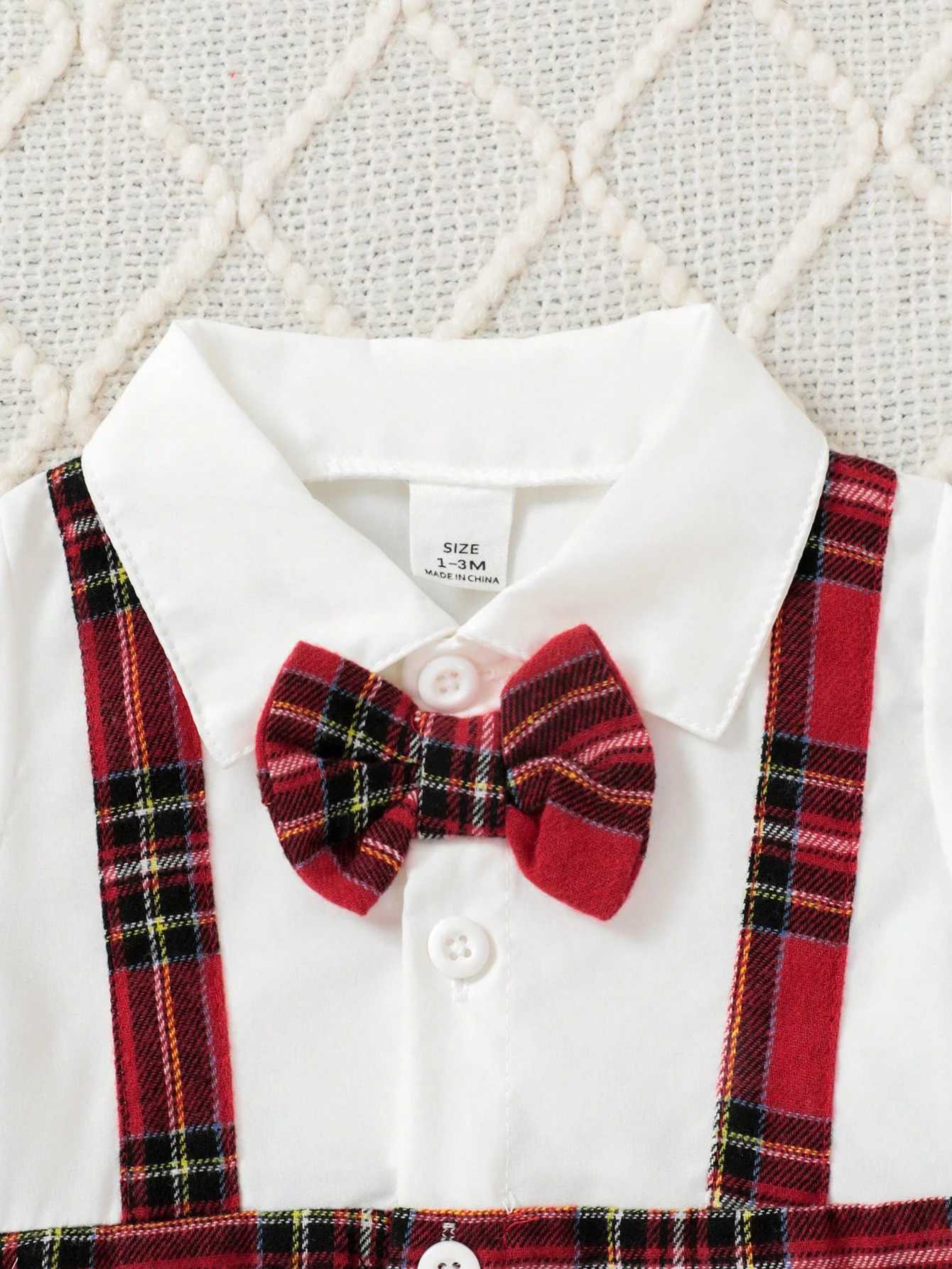 Gentleman Style Autumn Fashion 124m Baby Boys Onesie Red Plaid Small Bow Tie Color Contrast Breasted Lapel LongSleeved Onesie C251009