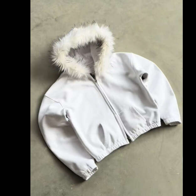 Solid Color Fur Collar Zipper Hoodie Unisex Loose Versatile Sweatshirt Streetwear Top