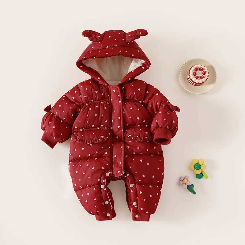 Winter Kids Girls Rompers Dot Printed Hooded Jumpsuits For 03Y Newborn Girls Cotton Padded Parkas For Infant Baby Girls C251009