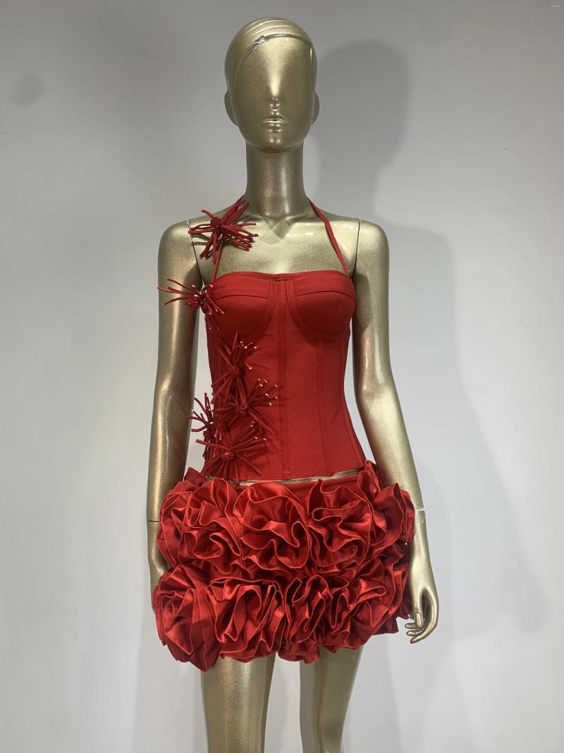 Casual Dresses Two-Piece Set Red Bandage Halter Corset Top & Rose Mini Skirt for Women - Evening Club Party Outfit C260312