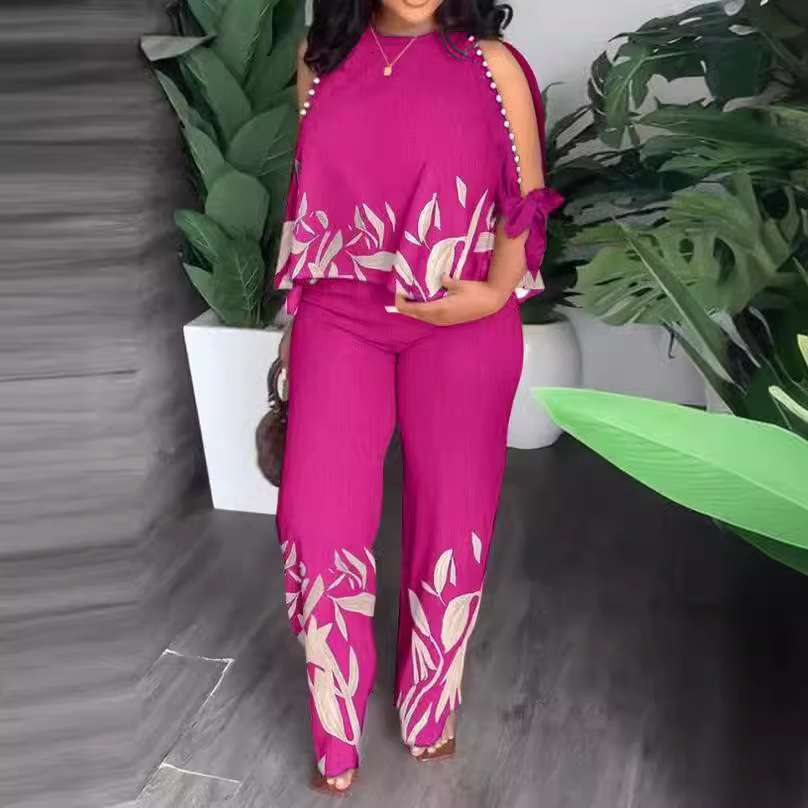 VONDA Womens Fashion Pants Set Summer Cold Shoulder Casual Loose 3/4 Sleeve Top Retro Printed Bohemian Set 241230