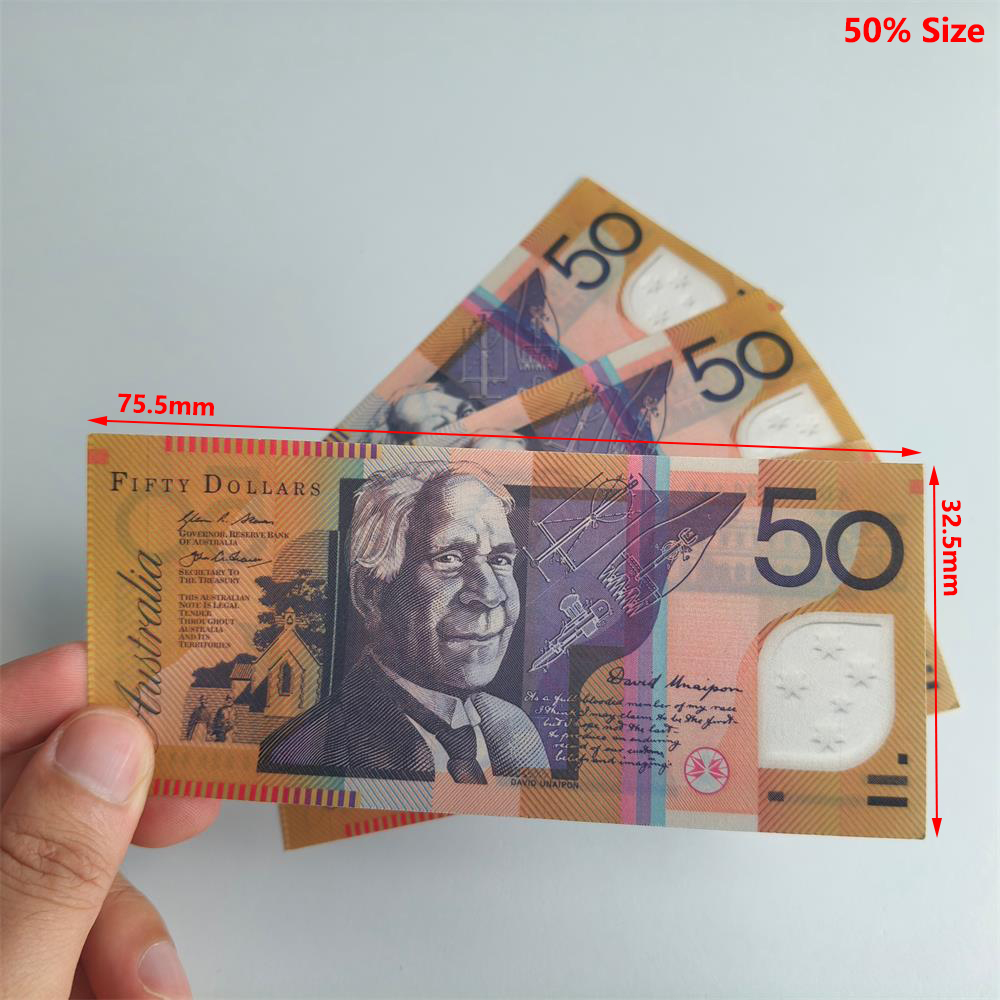 Best 3A Realistic Paper Copy Australian Other Festive Party Supplies Prop Money AUD 5/10/20/50/100 New Zealand Fake Money USD Notes Movie Props 72.5*32.5Mm 50% Size