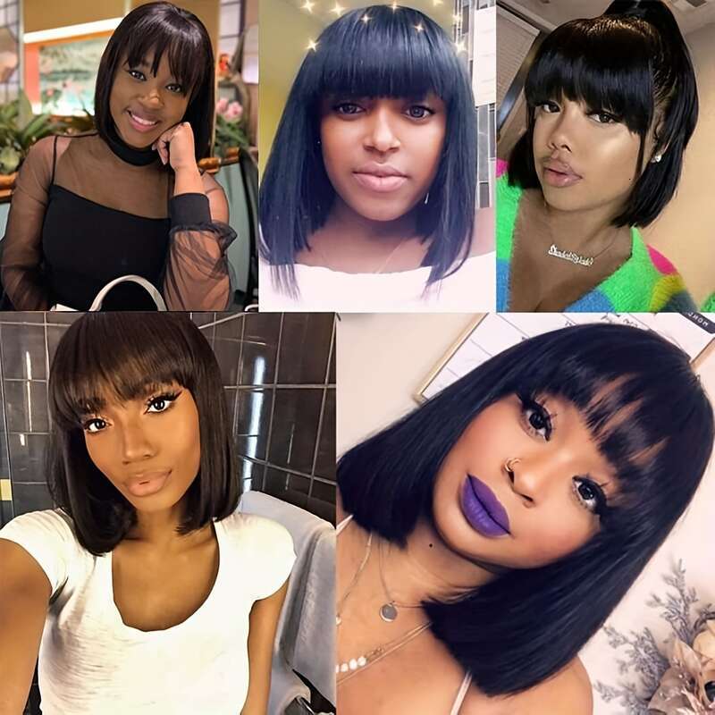 Short Bob Cut With Bangs Glueless Straight Braizilian Human Synthetic Hair Wigs For Women 8-14 Inch