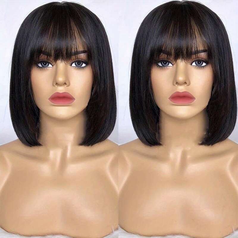 Short Bob Cut With Bangs Glueless Straight Braizilian Human Synthetic Hair Wigs For Women 8-14 Inch