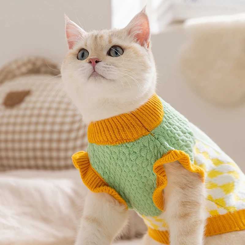 Diamond Grid Solid Cat Sweaters Warm Wool Knitting Winter Sphinx Small Dogs Clothing Ruffle Sleeve Female Girl Puppy Overalls C251009