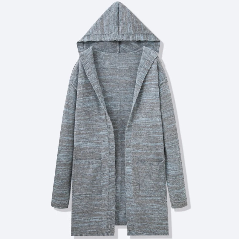 Autumn Mens Lengthen Grey Cardigan Hooded Jacket Casual Loose Premium Quality Pocket Long Sleeve Jacquarded Knitted Sweatercoat 2501008