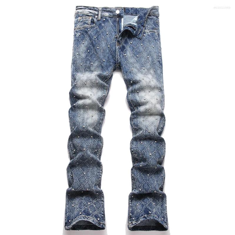 Men's Jeans Crystal Boot Cut Denim Rhinestone Slim Flared Stretch Pants Streetwear Good Quality Blue Cotton Trousers